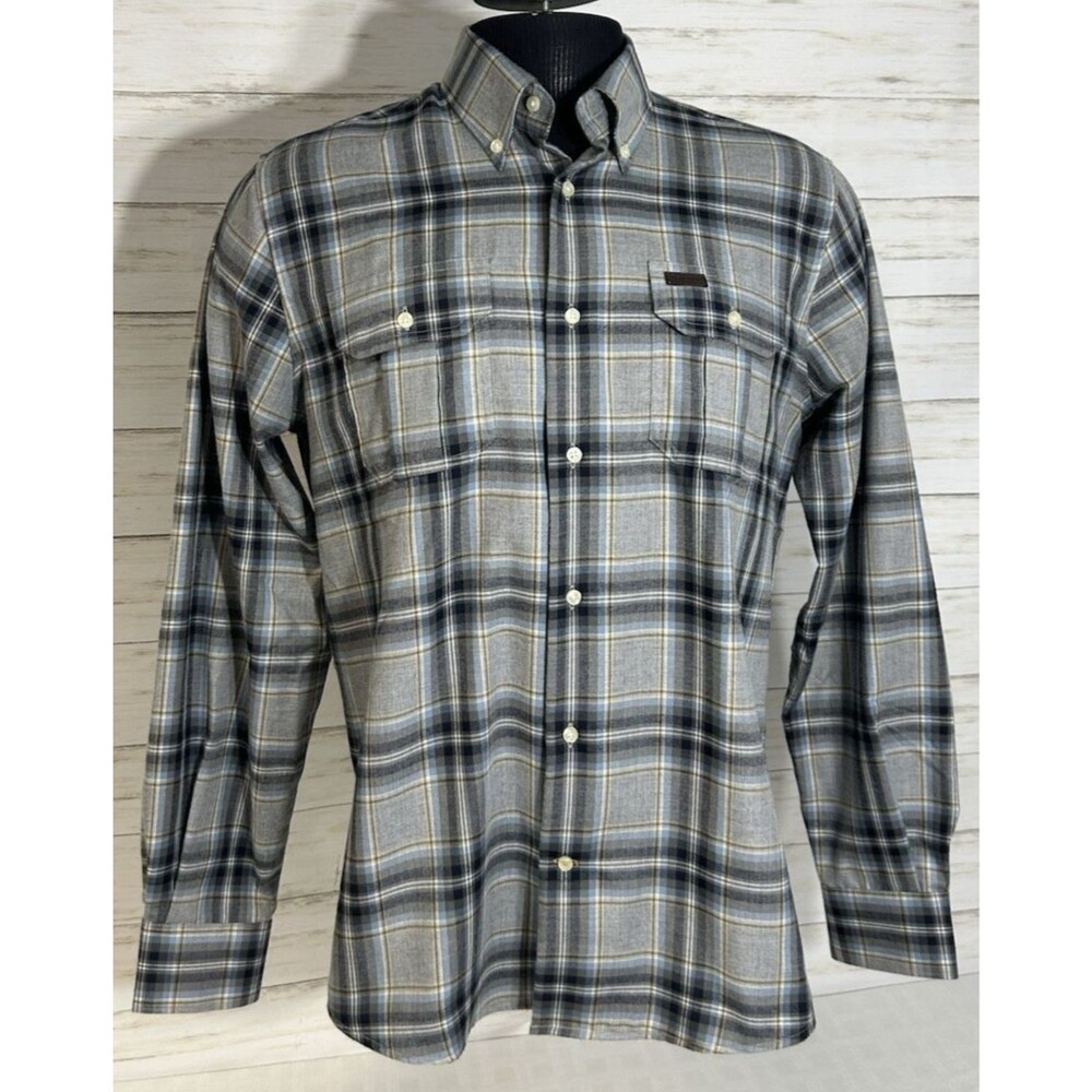 BARBOUR Jacket Co. Small Mens Gray Blue Plaid Flannel Button Shirt Long Sleeve